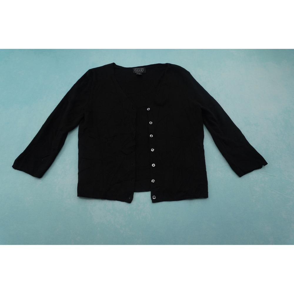 Spenser Jeremy Womens Petite M Black Silk Blend V Neck Button Cardigan Sweater